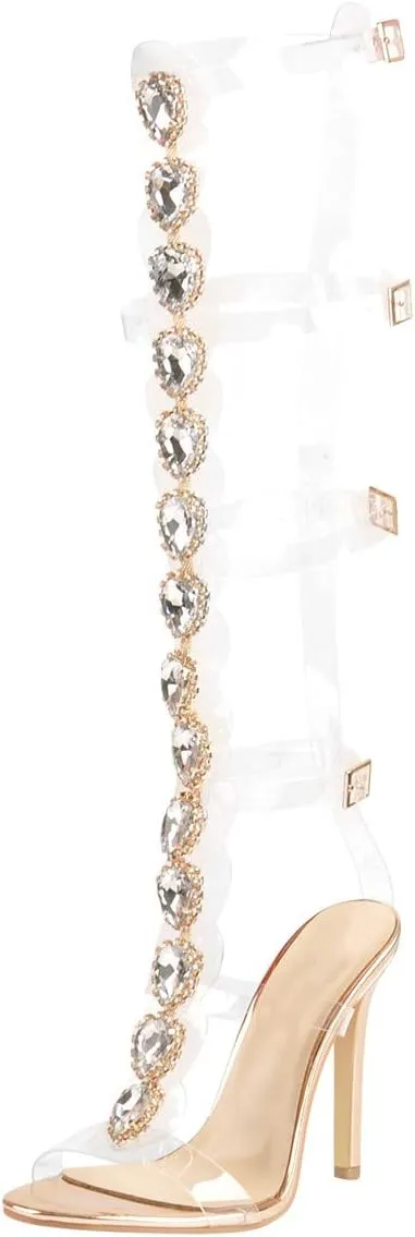 Women's Clear Strappy Gladiator Heels Rhinestones Stiletto Heels Ankle Strap Sandals