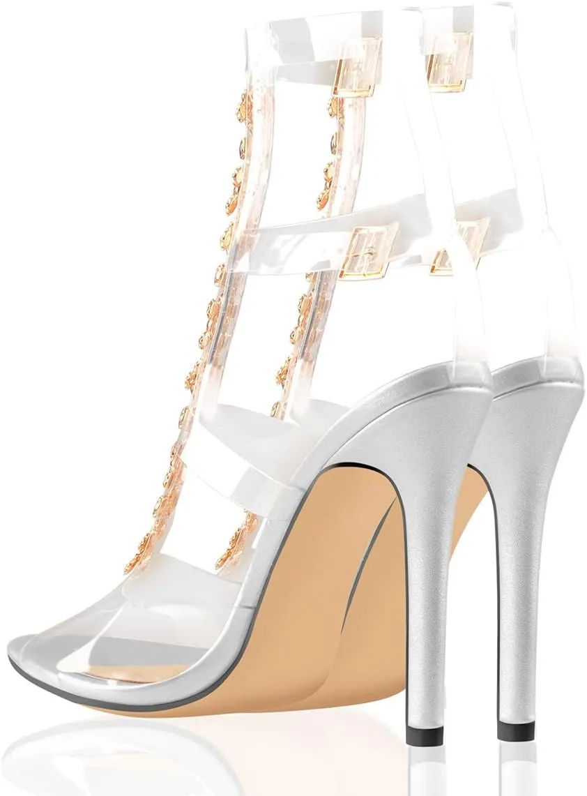 Women's Clear Strappy Gladiator Heels Rhinestones Stiletto Heels Ankle Strap Sandals
