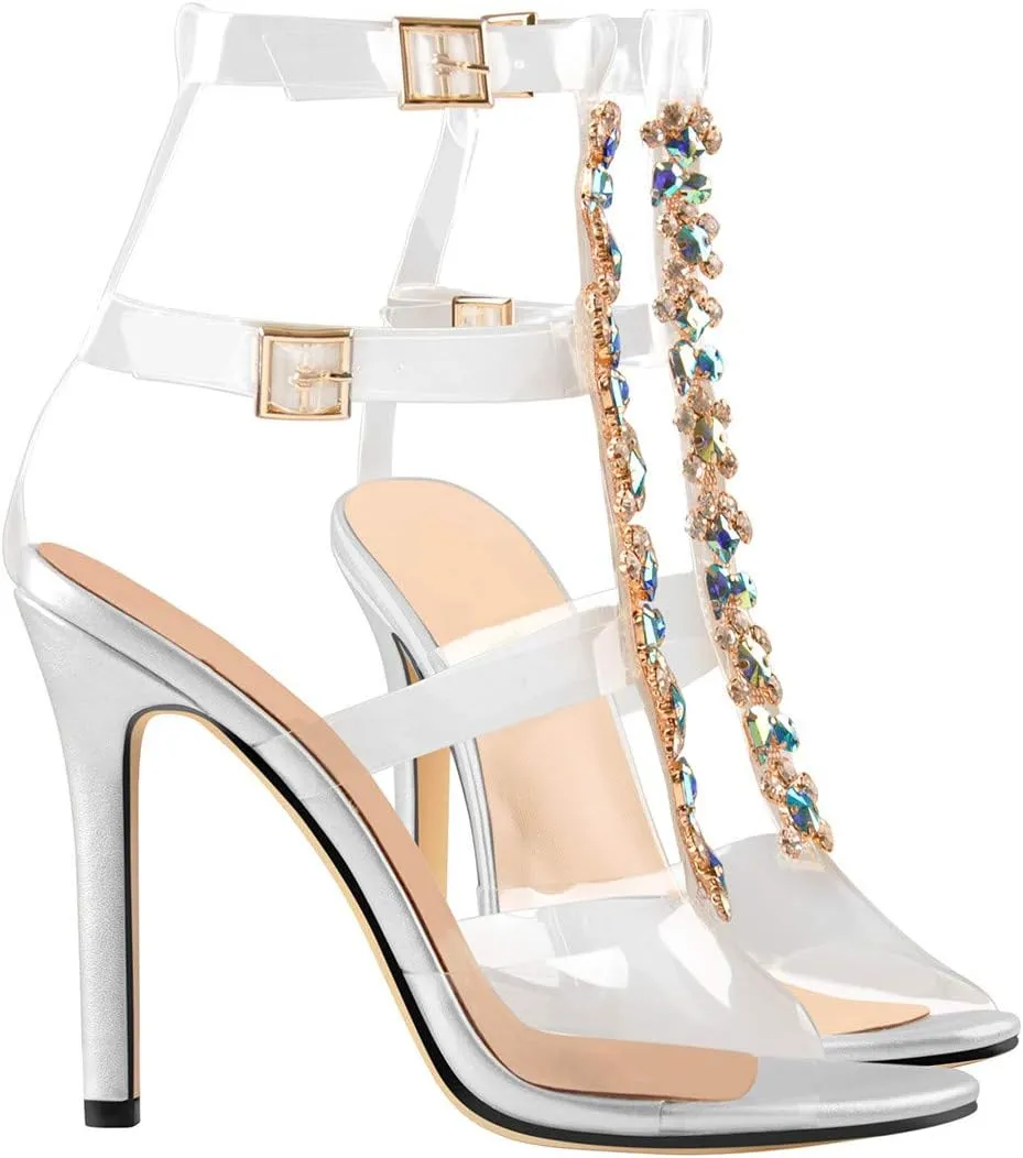 Women's Clear Strappy Gladiator Heels Rhinestones Stiletto Heels Ankle Strap Sandals