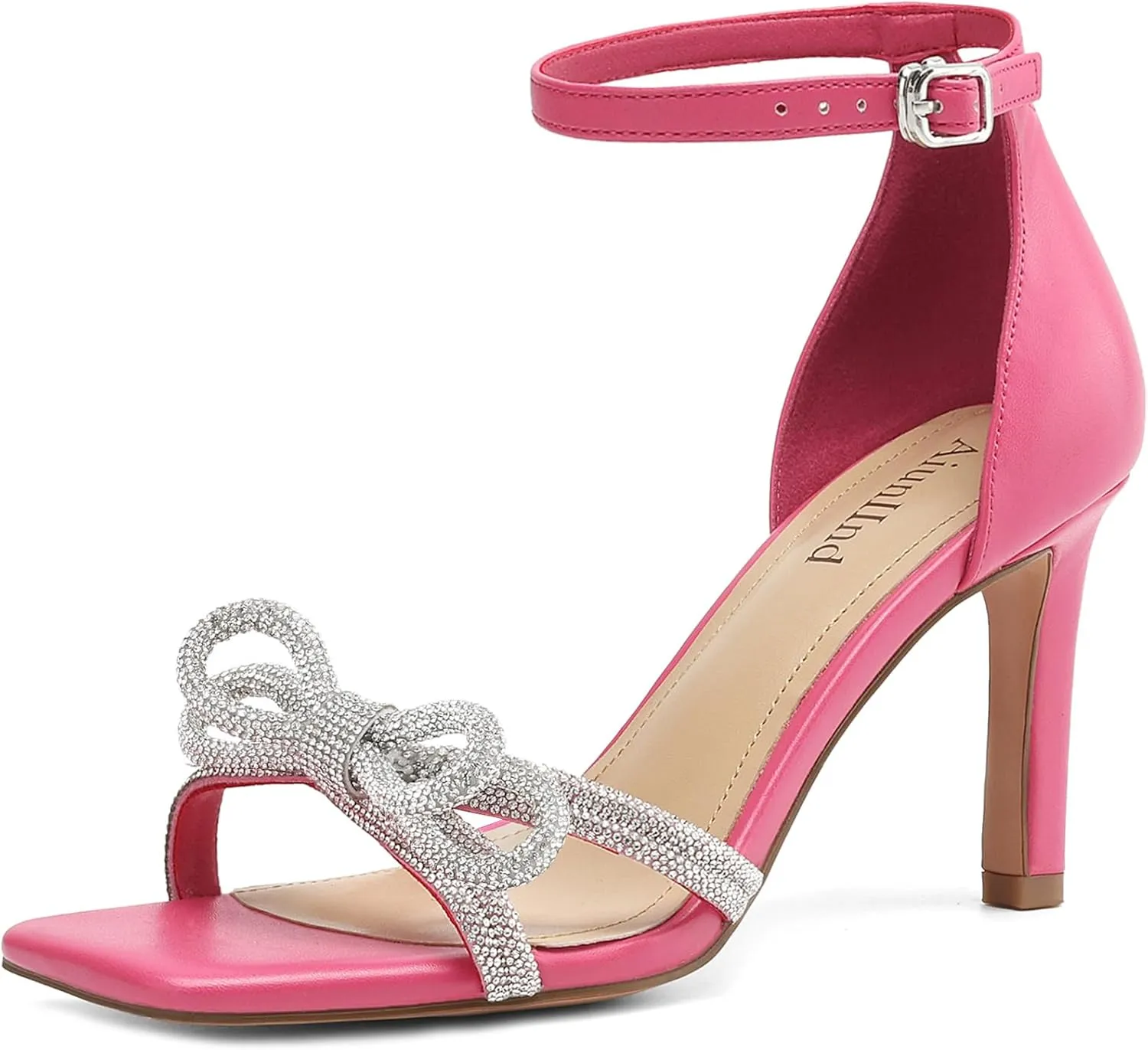 Women's Double Bowknots Heels Square Open Toe Ankle Strap Rhinestone Dress Shoes for Party Wedding