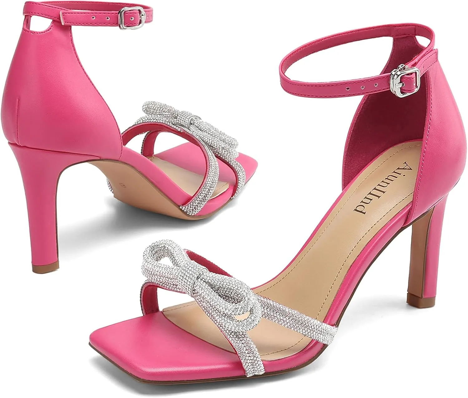 Women's Double Bowknots Heels Square Open Toe Ankle Strap Rhinestone Dress Shoes for Party Wedding
