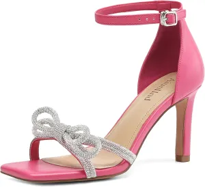 Women's Double Bowknots Heels Square Open Toe Ankle Strap Rhinestone Dress Shoes for Party Wedding