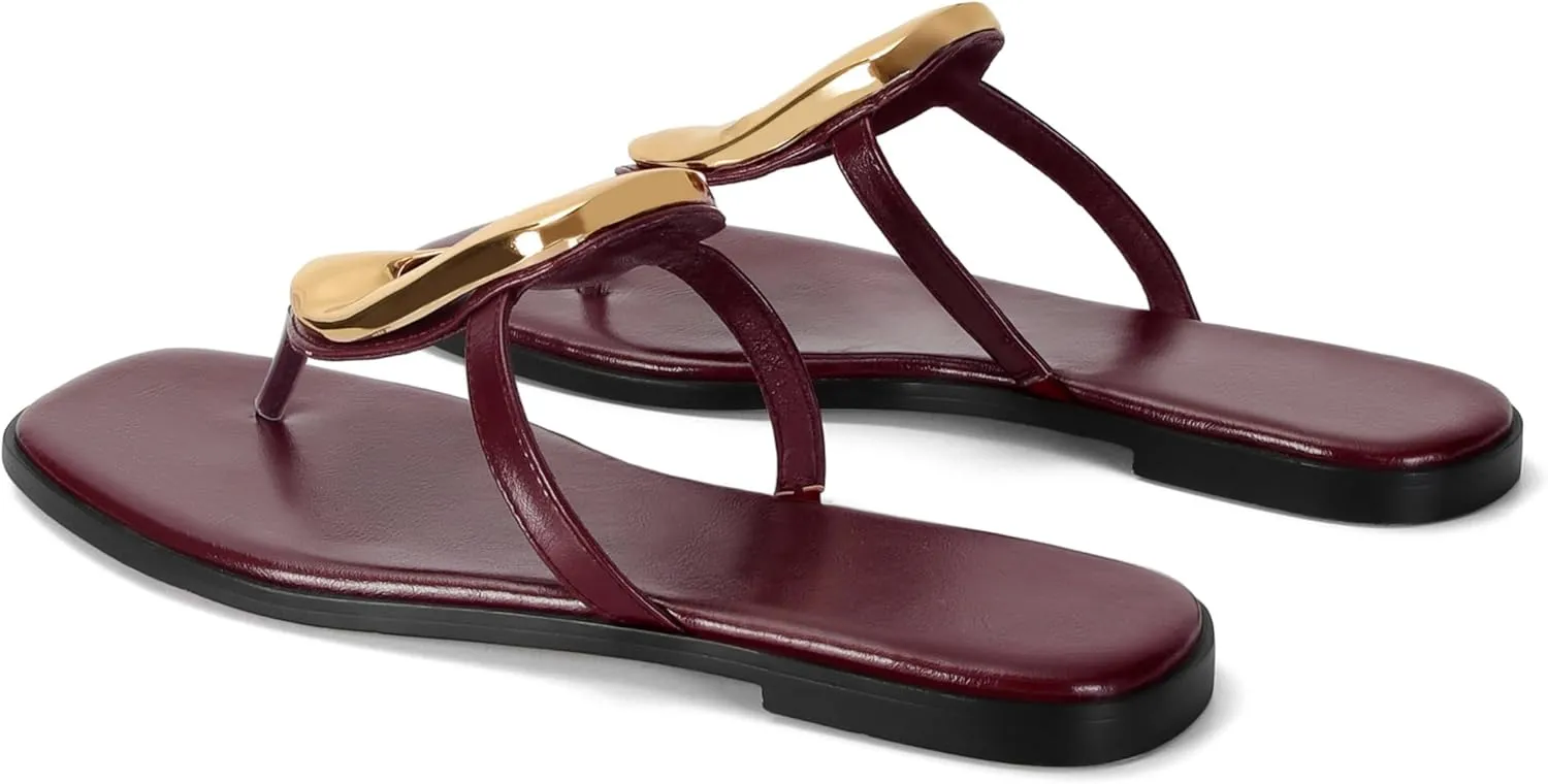 Women's Flip-Flops Thong Sandals Flat Black Slip-On Slides with Leather, Comfortable Open Square Toe, Dressy Metal Hardware Decoration for Summer Casual Fashion