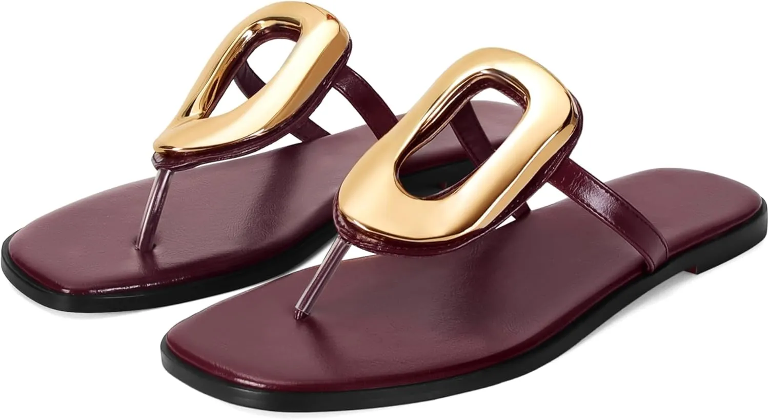 Women's Flip-Flops Thong Sandals Flat Black Slip-On Slides with Leather, Comfortable Open Square Toe, Dressy Metal Hardware Decoration for Summer Casual Fashion