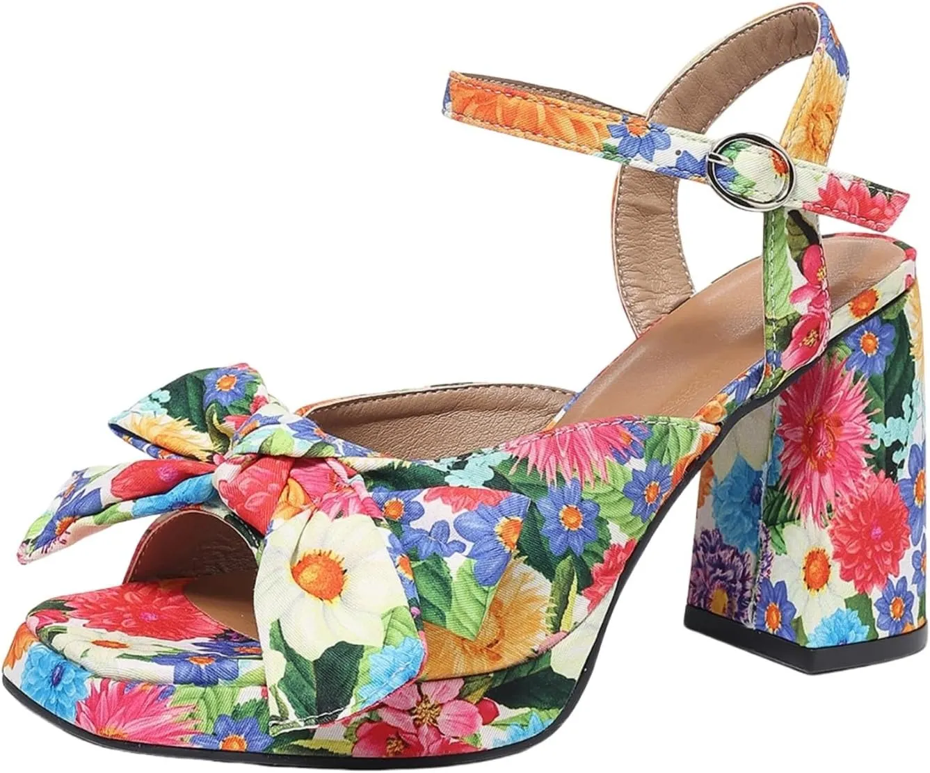 Women’s Floral Platform Heels – Chunky High Heels with Bow Detail, Adjustable Ankle Strap Sandals for Dressy and Casual Occasions
