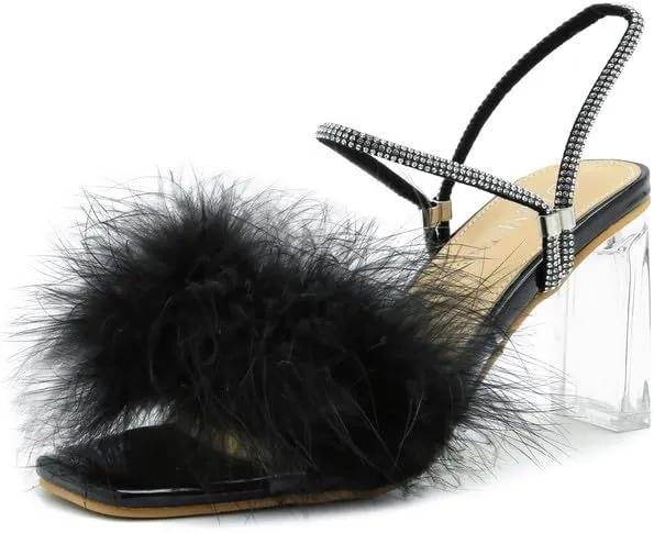 Womens Fluffy Heel Sandals Square Toe Clear Chunky High Heel Fuzzy Mules Double Rhinestone Strap Feather Furry Heels Wedding Evening Prom Party Dress Shoes