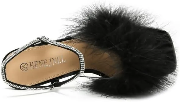 Womens Fluffy Heel Sandals Square Toe Clear Chunky High Heel Fuzzy Mules Double Rhinestone Strap Feather Furry Heels Wedding Evening Prom Party Dress Shoes