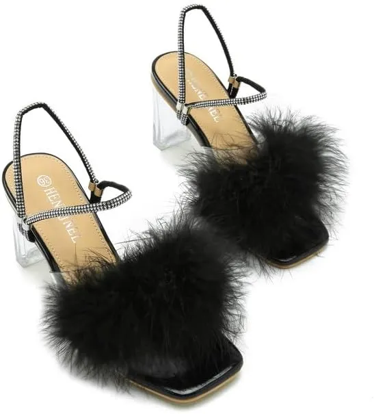 Womens Fluffy Heel Sandals Square Toe Clear Chunky High Heel Fuzzy Mules Double Rhinestone Strap Feather Furry Heels Wedding Evening Prom Party Dress Shoes