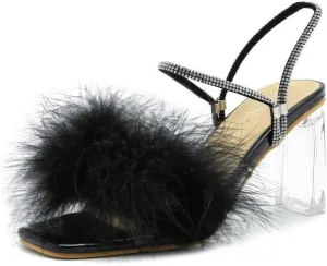 Womens Fluffy Heel Sandals Square Toe Clear Chunky High Heel Fuzzy Mules Double Rhinestone Strap Feather Furry Heels Wedding Evening Prom Party Dress Shoes