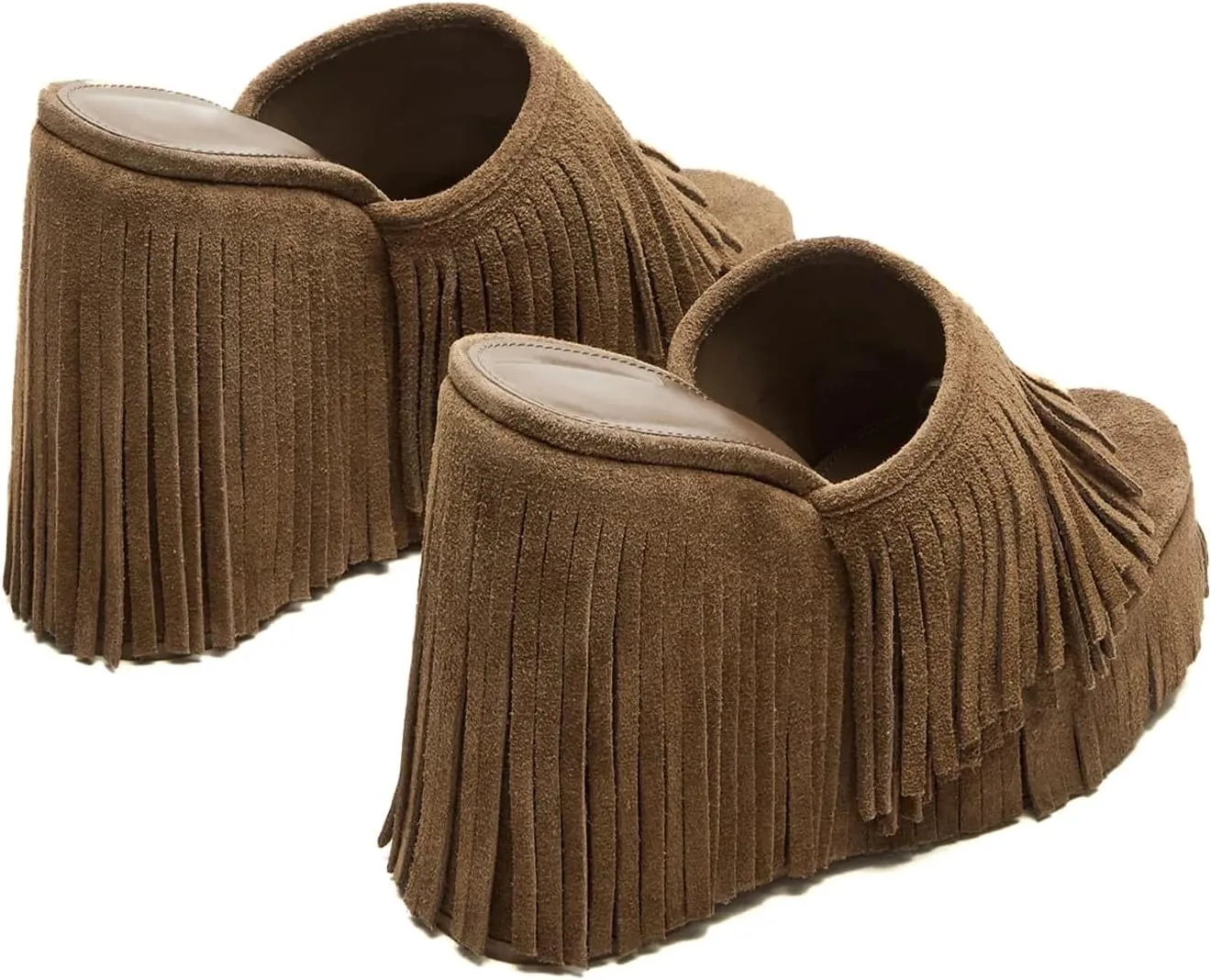 Women's Fringe Suede Wedge Sandals Open Toe Slip On Platform Heel Mules Western Style Summer Shoes