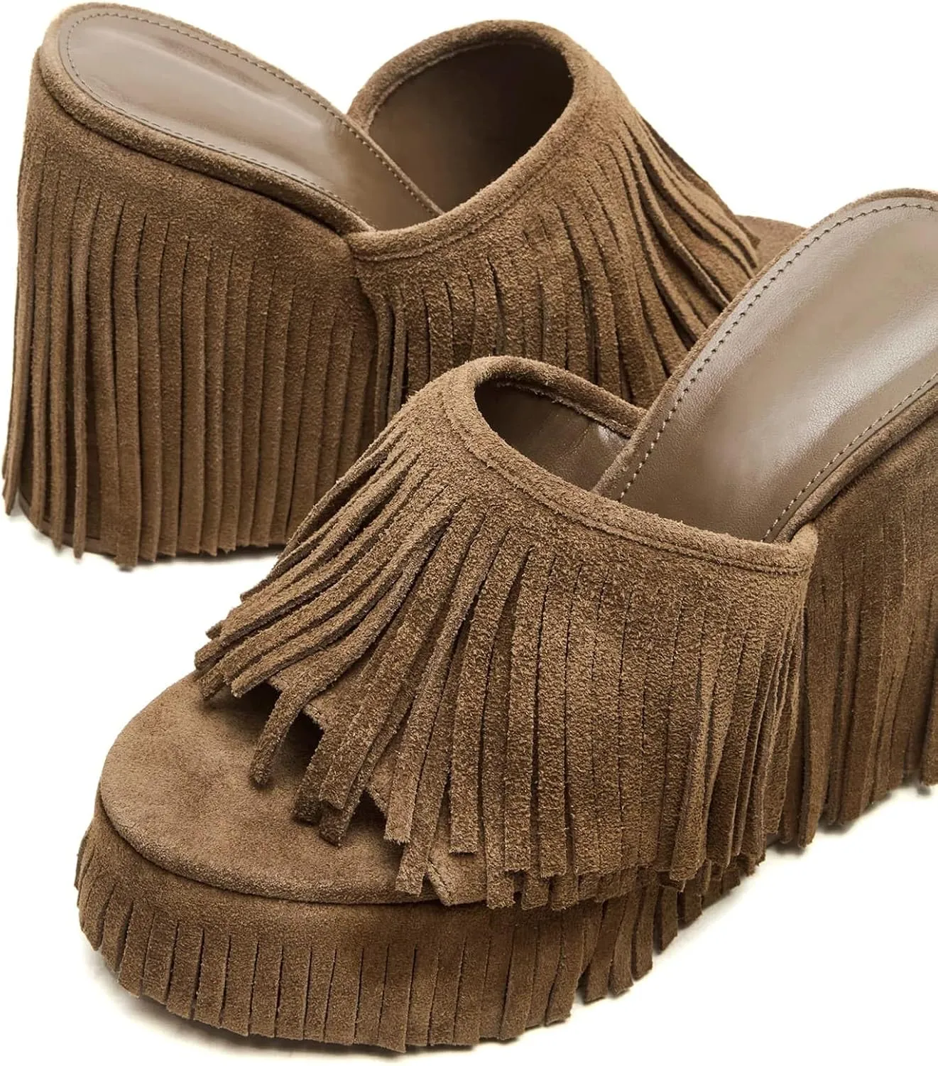Women's Fringe Suede Wedge Sandals Open Toe Slip On Platform Heel Mules Western Style Summer Shoes