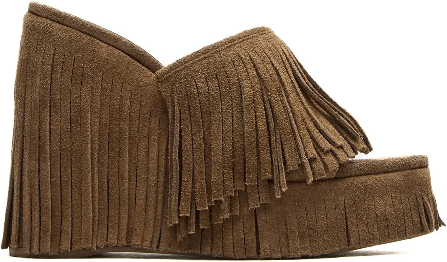 Women's Fringe Suede Wedge Sandals Open Toe Slip On Platform Heel Mules Western Style Summer Shoes