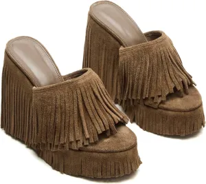 Women's Fringe Suede Wedge Sandals Open Toe Slip On Platform Heel Mules Western Style Summer Shoes