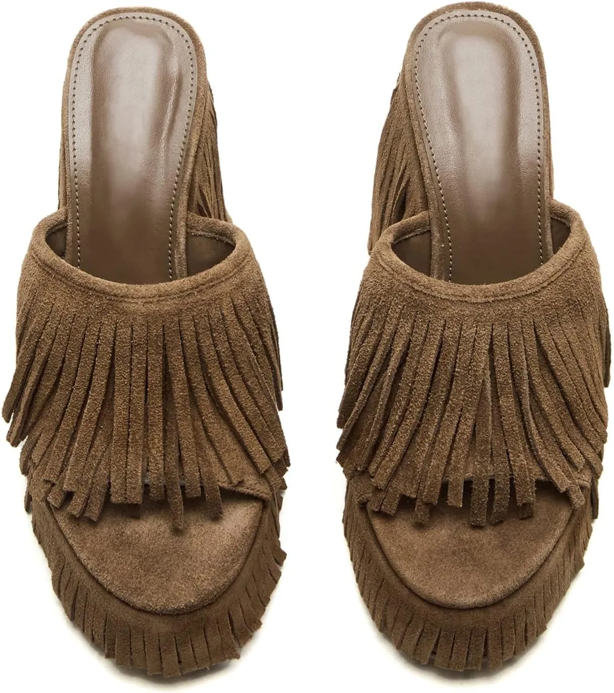 Women's Fringe Suede Wedge Sandals Open Toe Slip On Platform Heel Mules Western Style Summer Shoes