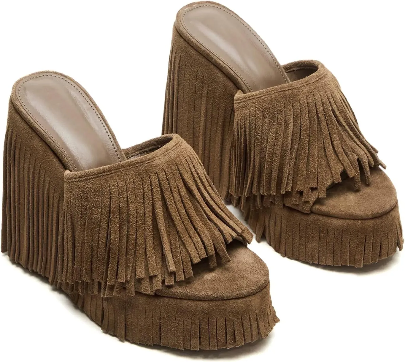 Women's Fringe Suede Wedge Sandals Open Toe Slip On Platform Heel Mules Western Style Summer Shoes