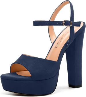 Women's Heeled Sandals, Buckle Ankle Strap Platform High Heels, Round Open Toe Fashion Suede Wedding Working Partying Shoes for Women