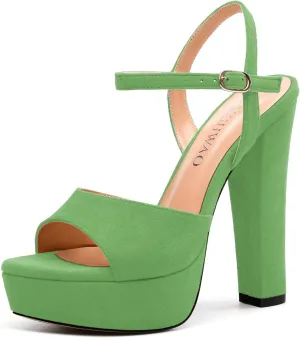 Women's Heeled Sandals, Buckle Ankle Strap Platform High Heels, Round Open Toe Fashion Suede Wedding Working Partying Shoes for Women