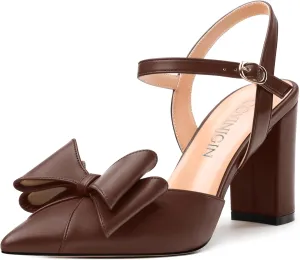 Women's Heeled Sandals, Double Bowknot Sandals Chunky High Heels Pumps, Sexy Closed Pointed Toe Ankle Strap Heels Slingback Slip on Comfortable wedding Bridal Dress Shoes