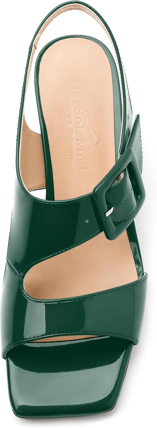 Womens Heeled Sandals Shoes, Square Peep Toe Mid Block Heel Ankle Strap Sandals for Women, Leather Insole Chunky Heel Sandals with Buckle 2"