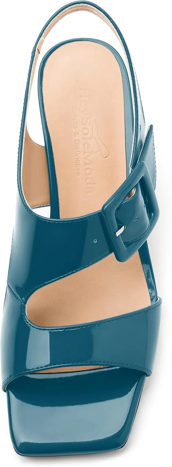 Womens Heeled Sandals Shoes, Square Peep Toe Mid Block Heel Ankle Strap Sandals for Women, Leather Insole Chunky Heel Sandals with Buckle 2"