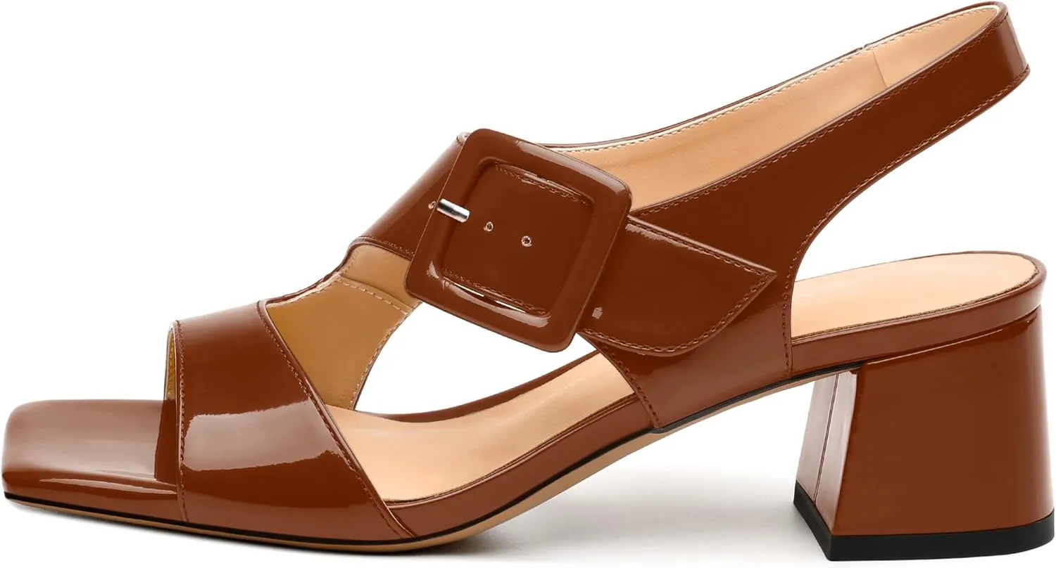 Womens Heeled Sandals Shoes, Square Peep Toe Mid Block Heel Ankle Strap Sandals for Women, Leather Insole Chunky Heel Sandals with Buckle 2"