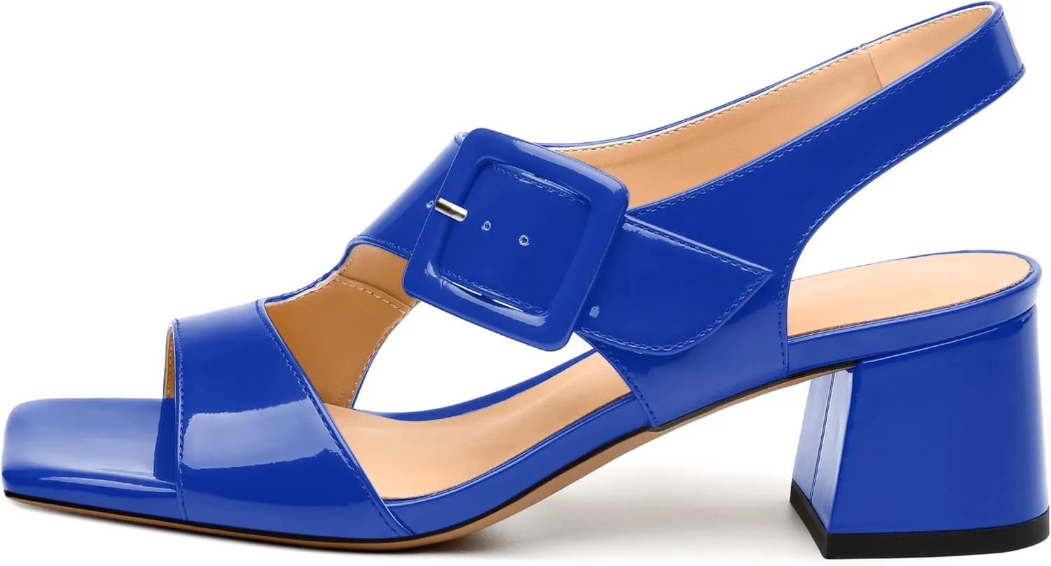 Womens Heeled Sandals Shoes, Square Peep Toe Mid Block Heel Ankle Strap Sandals for Women, Leather Insole Chunky Heel Sandals with Buckle 2"