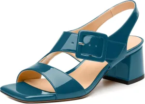 Womens Heeled Sandals Shoes, Square Peep Toe Mid Block Heel Ankle Strap Sandals for Women, Leather Insole Chunky Heel Sandals with Buckle 2"