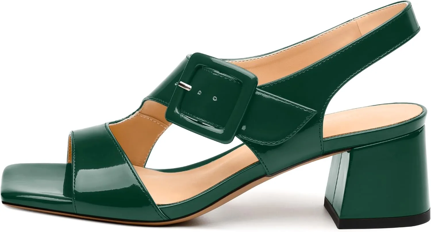 Womens Heeled Sandals Shoes, Square Peep Toe Mid Block Heel Ankle Strap Sandals for Women, Leather Insole Chunky Heel Sandals with Buckle 2"