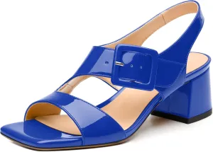 Womens Heeled Sandals Shoes, Square Peep Toe Mid Block Heel Ankle Strap Sandals for Women, Leather Insole Chunky Heel Sandals with Buckle 2"