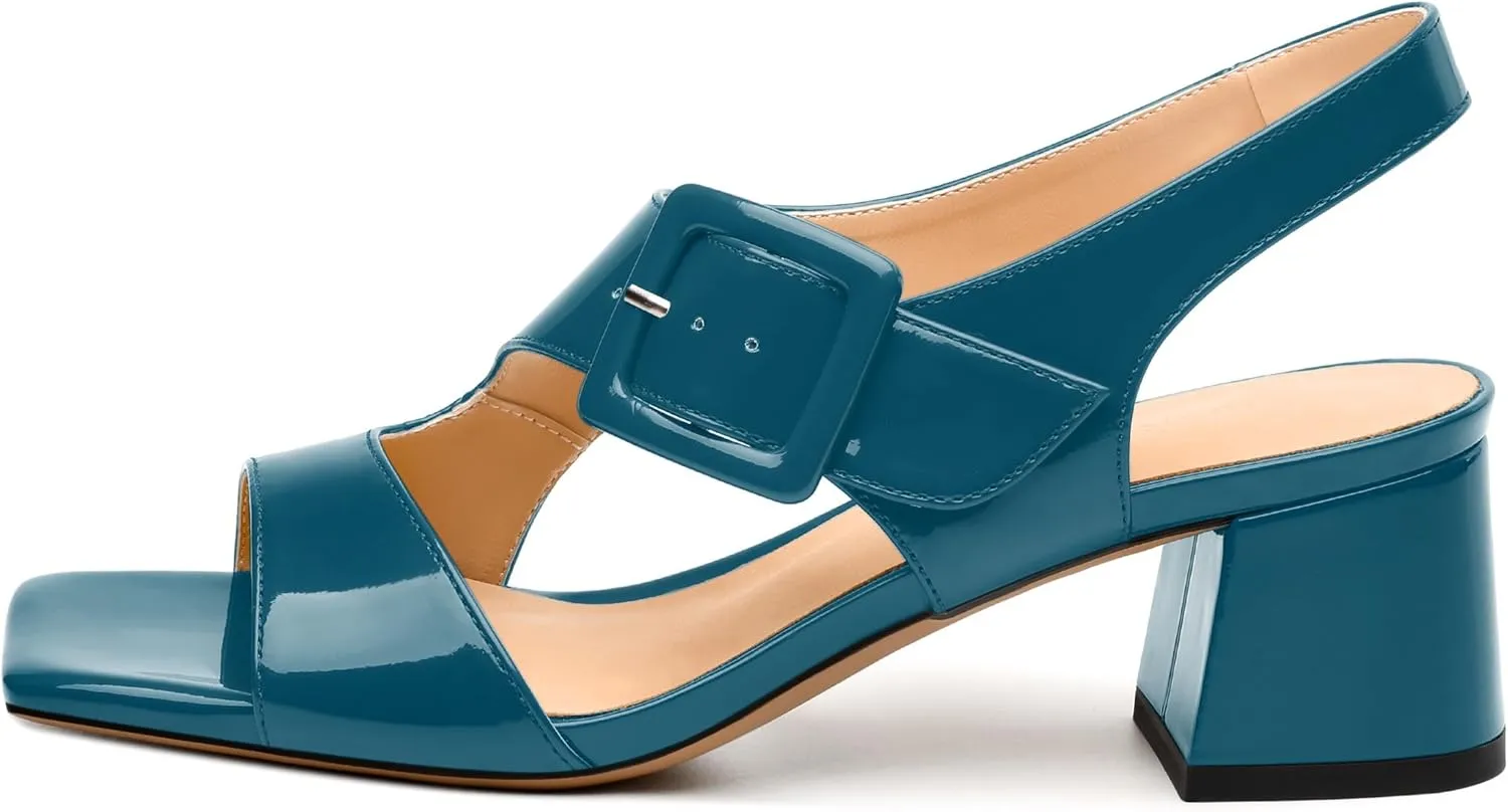 Womens Heeled Sandals Shoes, Square Peep Toe Mid Block Heel Ankle Strap Sandals for Women, Leather Insole Chunky Heel Sandals with Buckle 2"