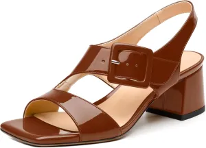 Womens Heeled Sandals Shoes, Square Peep Toe Mid Block Heel Ankle Strap Sandals for Women, Leather Insole Chunky Heel Sandals with Buckle 2"
