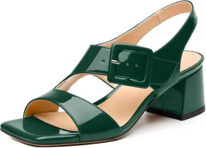 Womens Heeled Sandals Shoes, Square Peep Toe Mid Block Heel Ankle Strap Sandals for Women, Leather Insole Chunky Heel Sandals with Buckle 2"