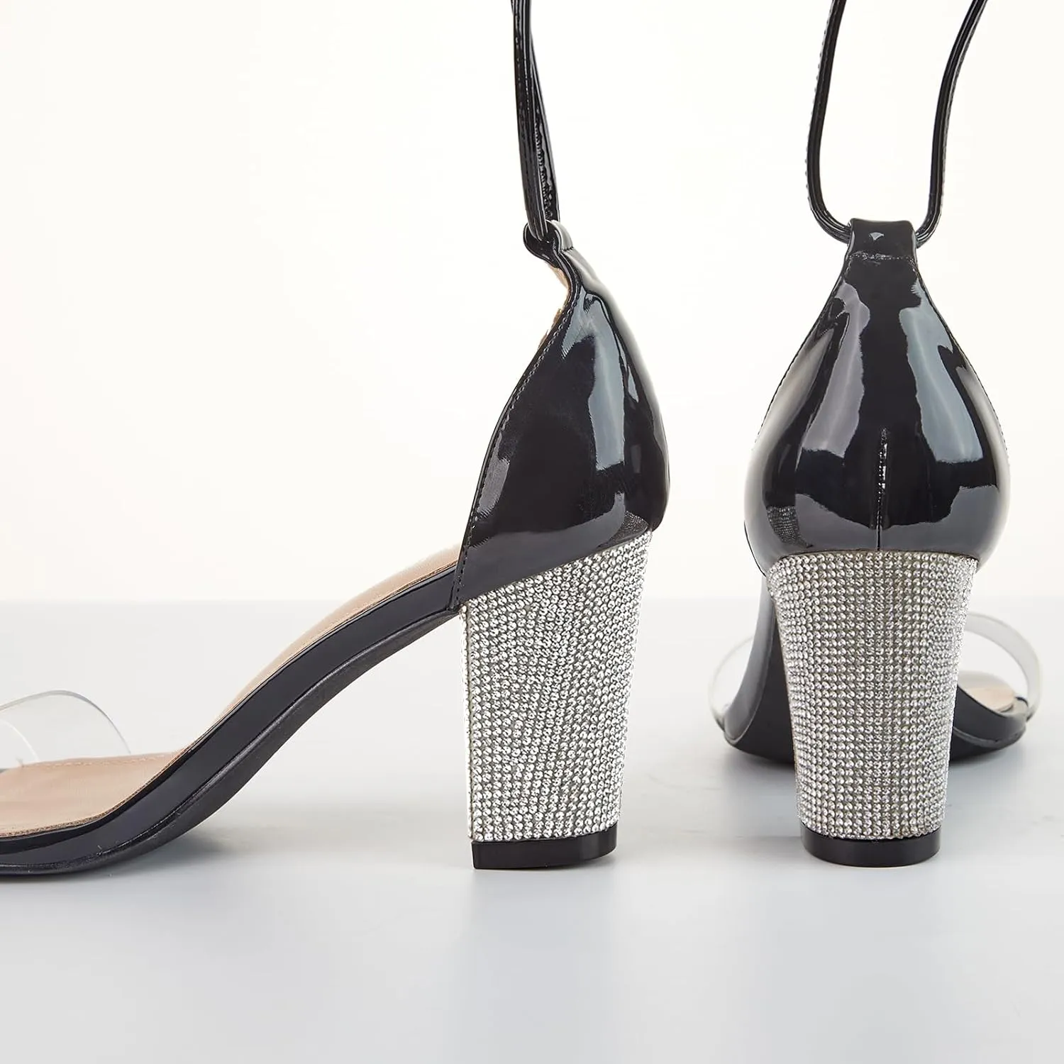 Women's Heels Chunky High Heels Sandals for Women Comfy Open Toe Strappy Rhinestone Heeled White Silver Gold Black Ankle Clear Dress Shoes