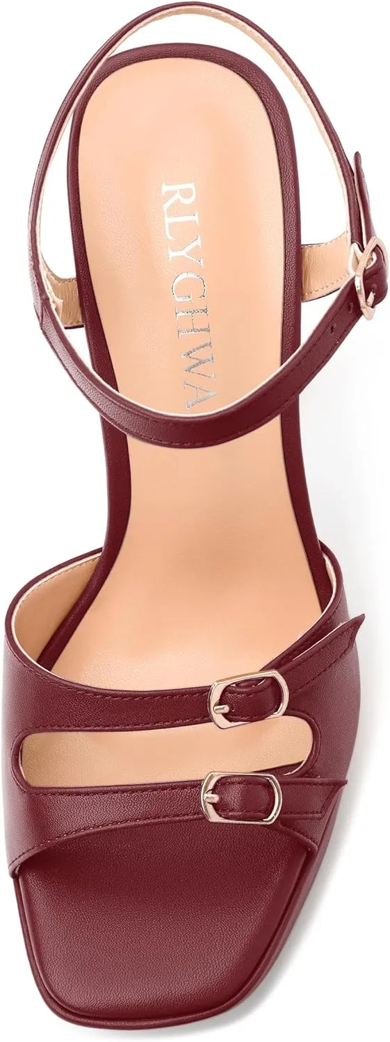 Women's High Heel Platform Sandals - Open Square Toe Block Heels, Adjustable Ankle Strap Buckle, Chic Solid Color Dress Shoes for Weddings, Parties, Daily Wear