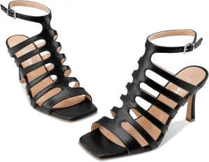 Women's High Heel Stiletto Gladiator Sandals Open Square Toe T-Strap Stilettos Cutout Hollow Dress Slingback Heels Summer Strappy Comfy Shoes for Ladies Sexy Unique