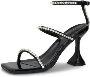 Women's Kitten Heel Rhinestone Sandals Lace Up Slingback Square Open Toe Heels Sparkling Sandals with Stiletto Buckle Strap for Dress Party Prom Wedding High Heeled Shoes