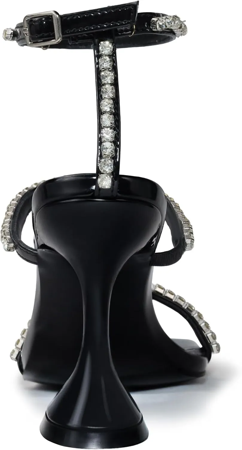 Women's Kitten Heel Rhinestone Sandals Lace Up Slingback Square Open Toe Heels Sparkling Sandals with Stiletto Buckle Strap for Dress Party Prom Wedding High Heeled Shoes