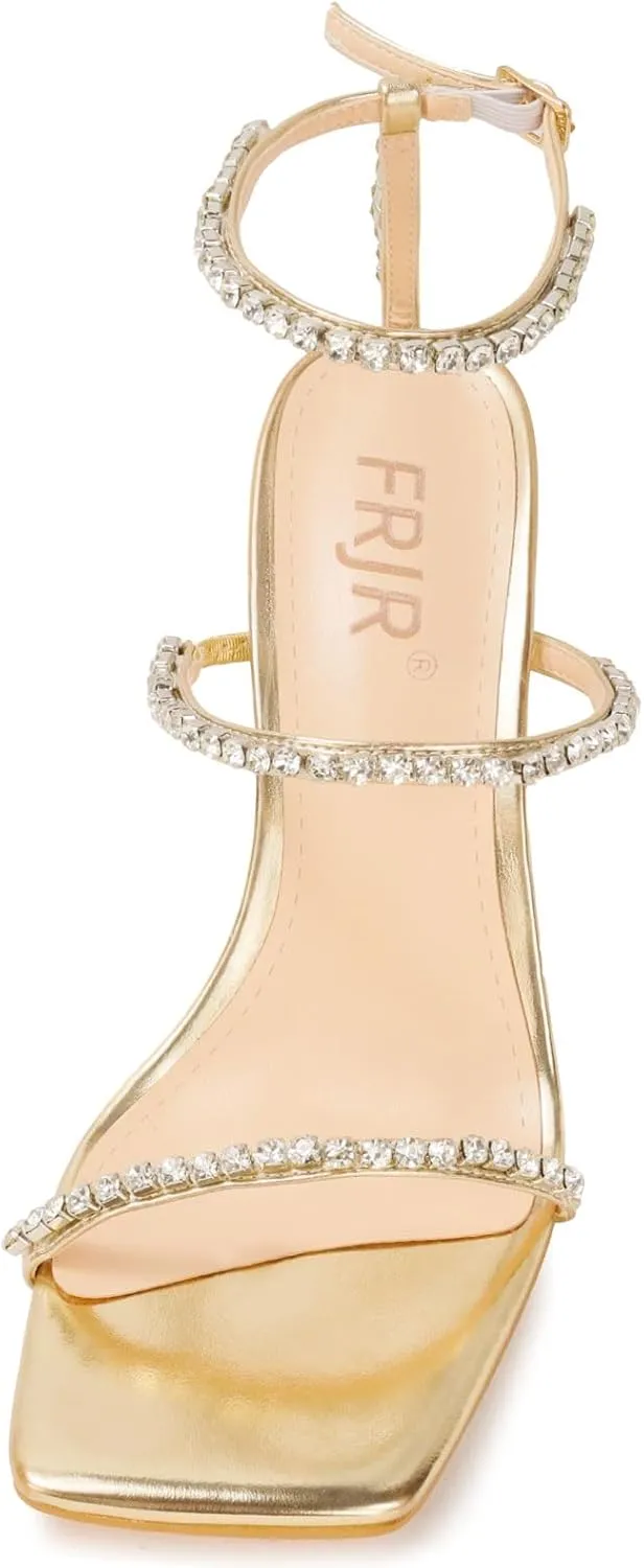 Women's Kitten Heel Rhinestone Sandals Lace Up Slingback Square Open Toe Heels Sparkling Sandals with Stiletto Buckle Strap for Dress Party Prom Wedding High Heeled Shoes