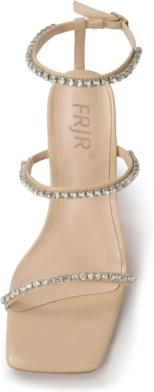 Women's Kitten Heel Rhinestone Sandals Lace Up Slingback Square Open Toe Heels Sparkling Sandals with Stiletto Buckle Strap for Dress Party Prom Wedding High Heeled Shoes