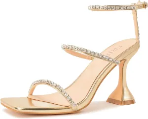 Women's Kitten Heel Rhinestone Sandals Lace Up Slingback Square Open Toe Heels Sparkling Sandals with Stiletto Buckle Strap for Dress Party Prom Wedding High Heeled Shoes