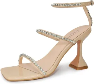 Women's Kitten Heel Rhinestone Sandals Lace Up Slingback Square Open Toe Heels Sparkling Sandals with Stiletto Buckle Strap for Dress Party Prom Wedding High Heeled Shoes