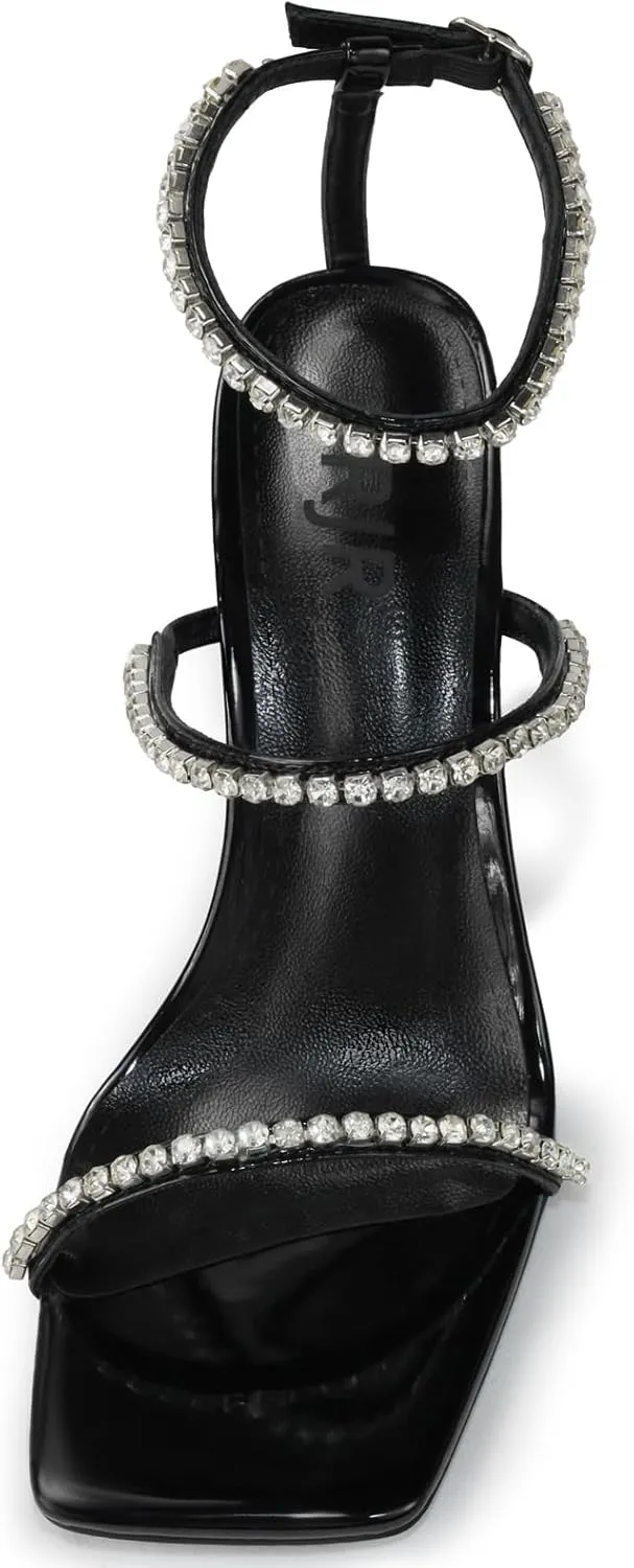 Women's Kitten Heel Rhinestone Sandals Lace Up Slingback Square Open Toe Heels Sparkling Sandals with Stiletto Buckle Strap for Dress Party Prom Wedding High Heeled Shoes