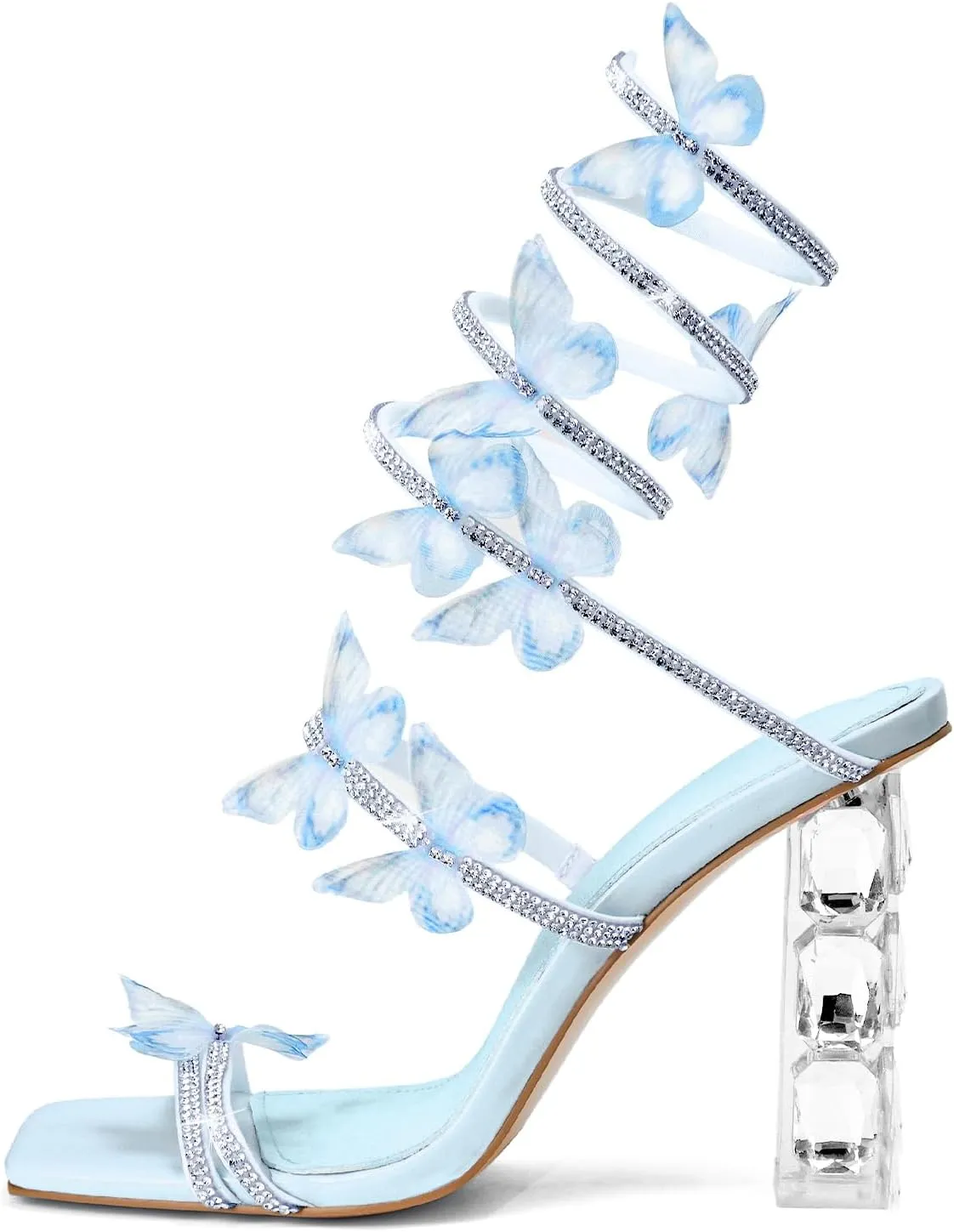 Womens Lace Up Sandals Square Open Toe Chunky High Heels Rhinestone Strappy High Block Heel Sandals Sparkly Dress Party Wedding Shoes