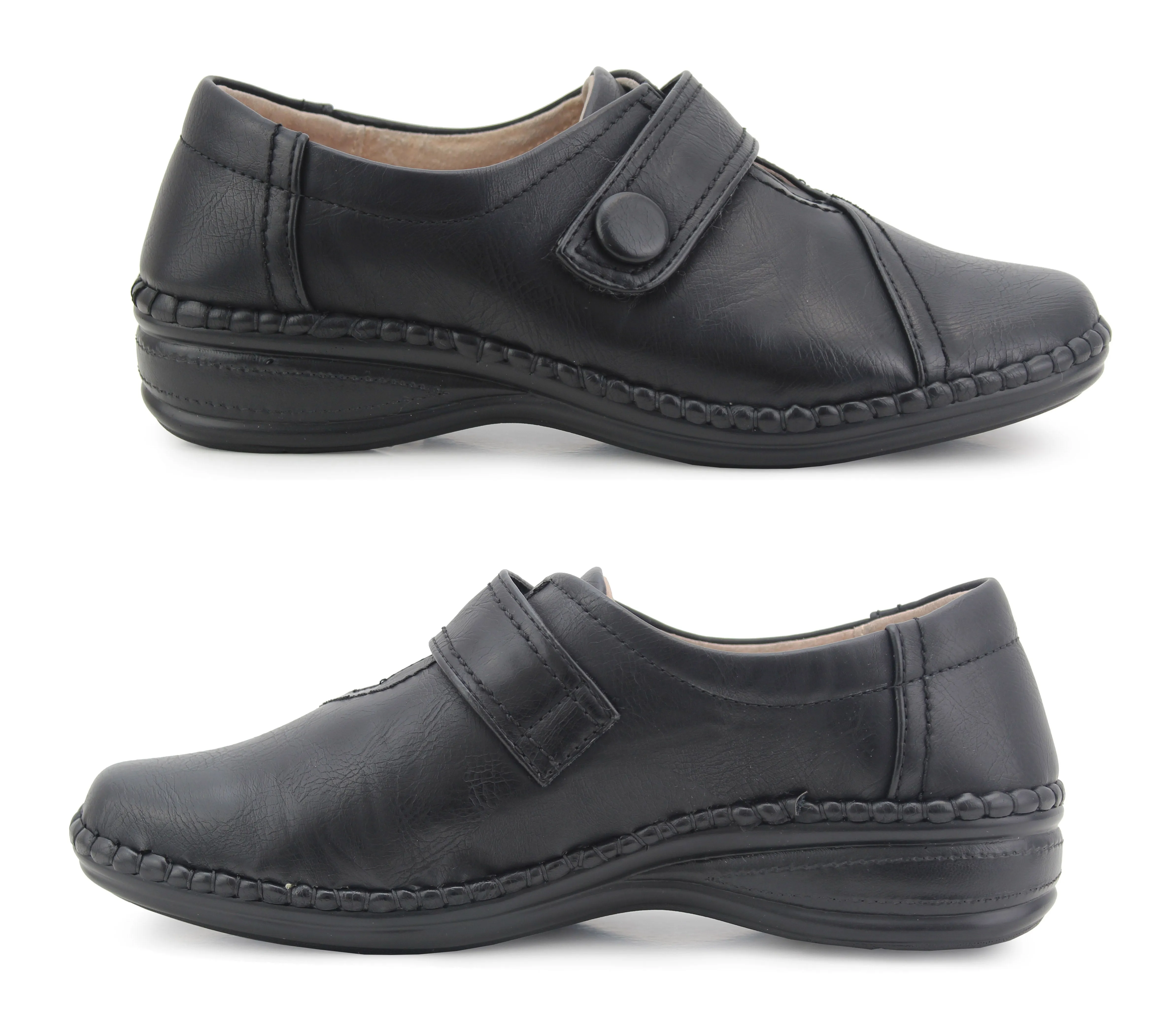 Womens Ladies Extra Wide Fitting EEE Touch Fasten Strap Leather Lined Office Formal Loafers Shoes