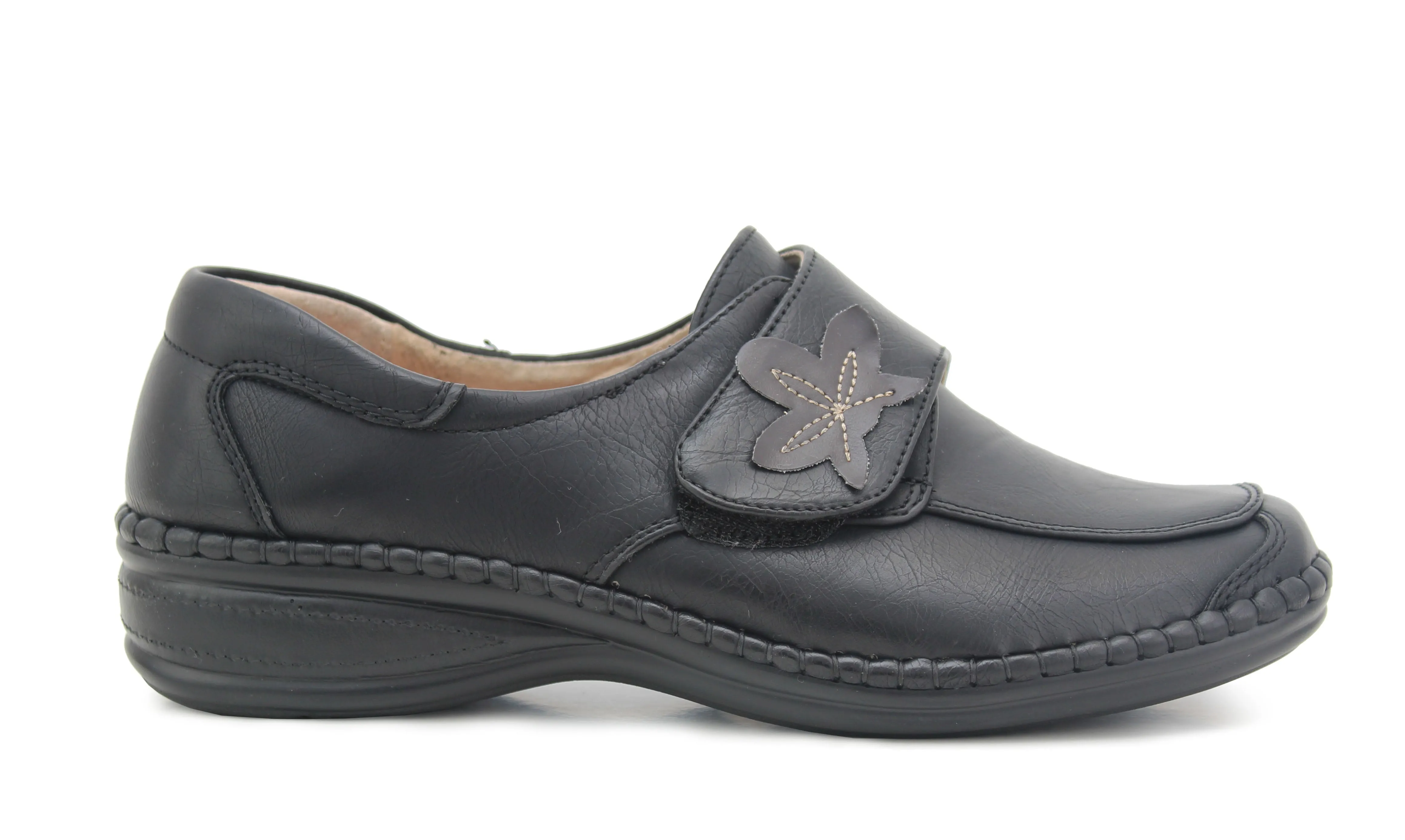 Womens Ladies Extra Wide Fitting EEE Touch Fasten Strap Leather Lined Office Formal Loafers Shoes