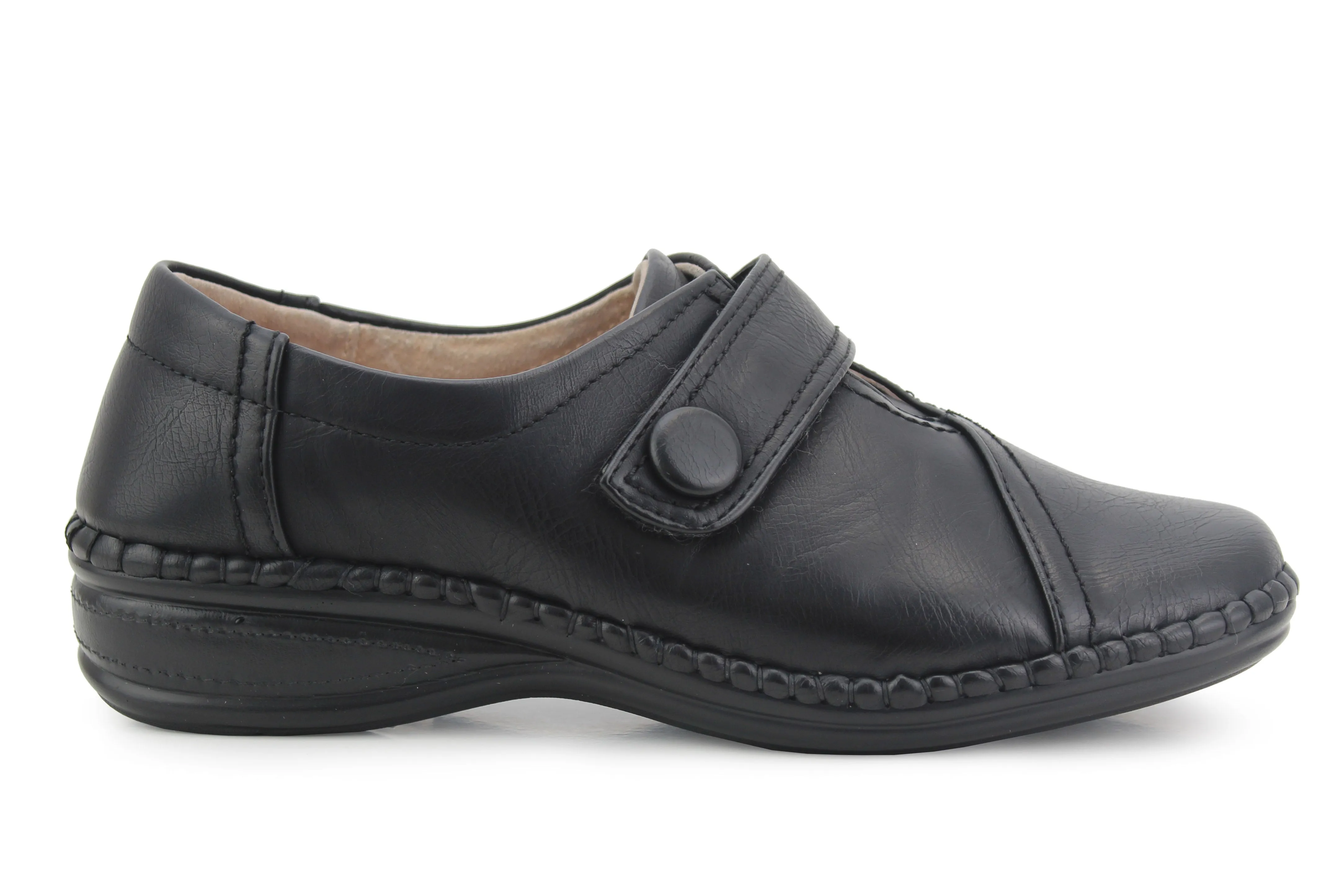 Womens Ladies Extra Wide Fitting EEE Touch Fasten Strap Leather Lined Office Formal Loafers Shoes