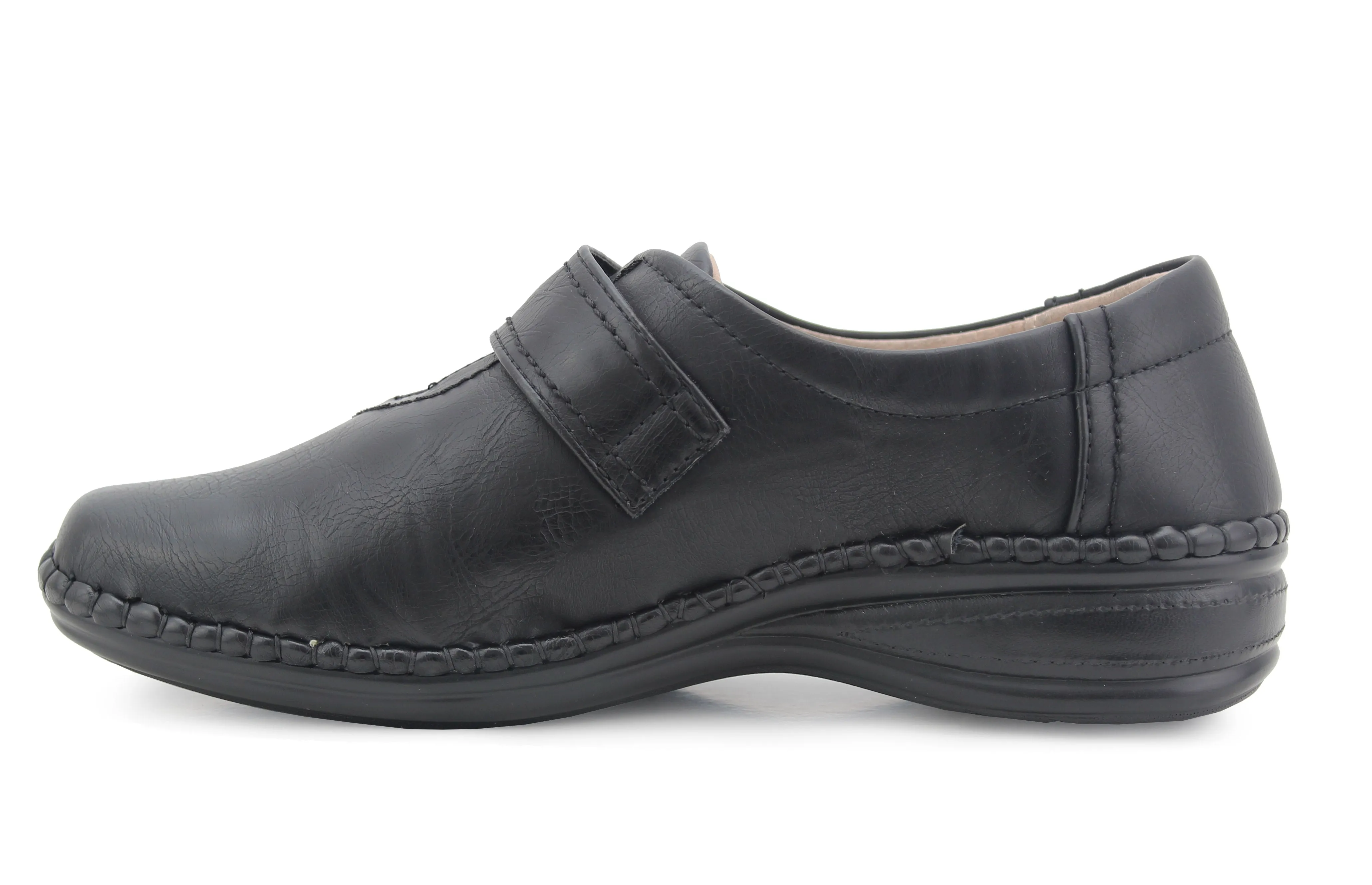Womens Ladies Extra Wide Fitting EEE Touch Fasten Strap Leather Lined Office Formal Loafers Shoes