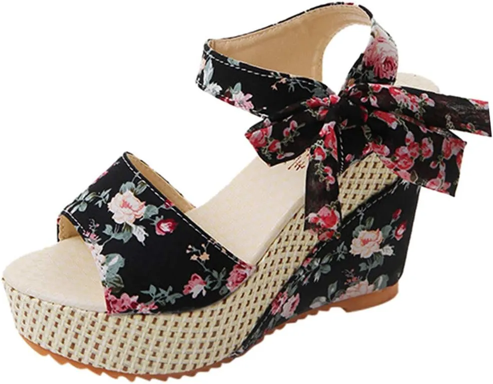 Women's Ladies Platform Wedges Heel Sandals Floral Flower Lace-Up Shoes Footwear Wedge Slide Sandals for Women