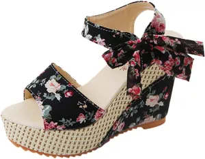 Women's Ladies Platform Wedges Heel Sandals Floral Flower Lace-Up Shoes Footwear Wedge Slide Sandals for Women