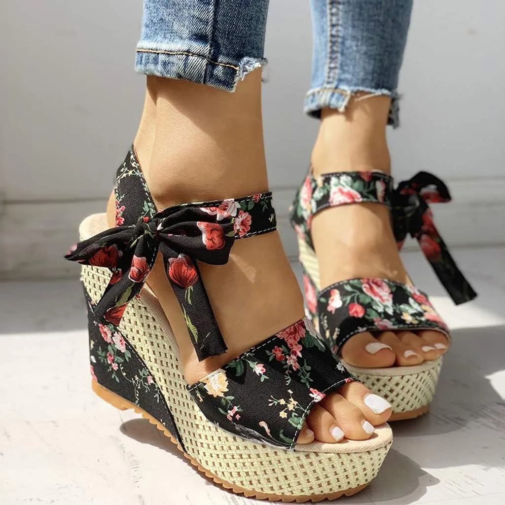 Women's Ladies Platform Wedges Heel Sandals Floral Flower Lace-Up Shoes Footwear Wedge Slide Sandals for Women